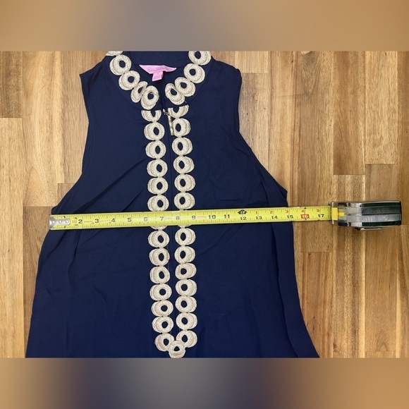 Lilly Pulitzer Jane Navy Blue Gold Appliqué Trim Sleeveless Shift Dress Size 0 - Picture 8 of 12